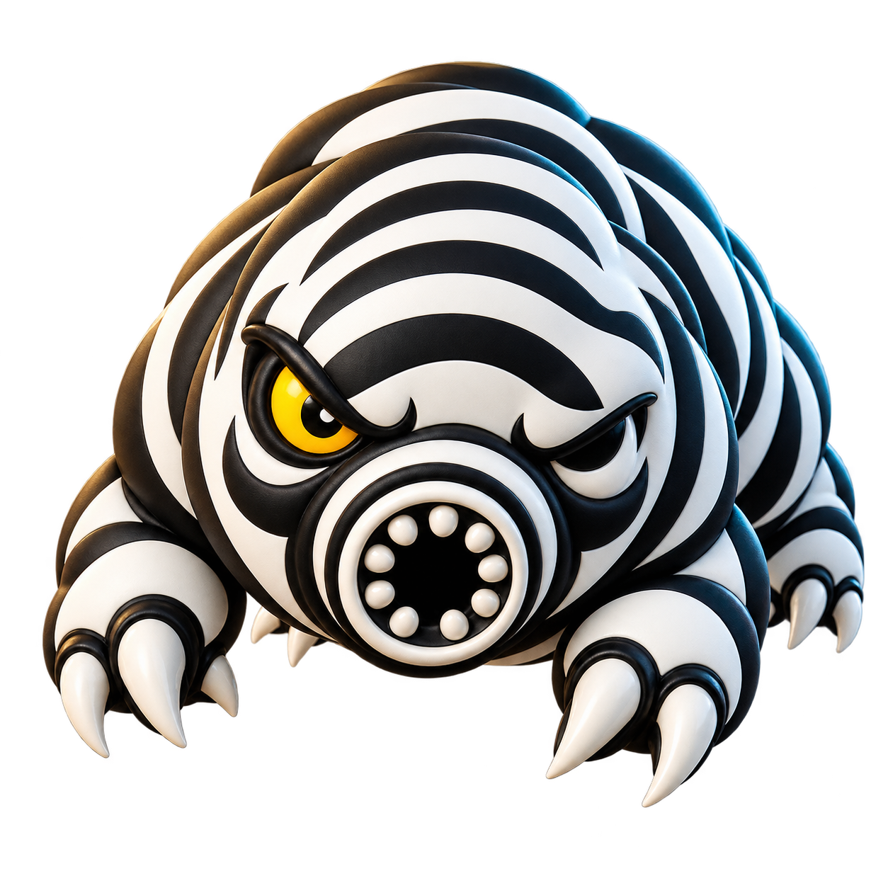 A sculpted Zebrigrade creature with black-and-white stripes, claws, and a yellow eye